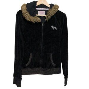 VTG Y2K Pink Victoria’s Secret Hoodie Black Velvet Faux Fur Lined Hoodie UWV Sz